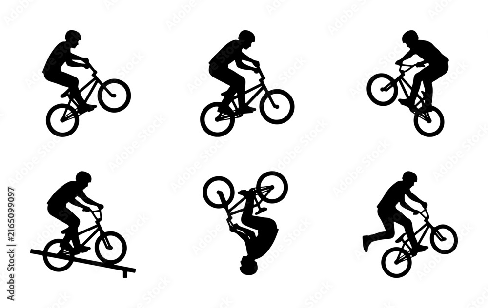 Fototapeta premium BMX Bike Rider Silhouettes, Extreme Sports Action Poses, Bicycle Trick Set, Vector Graphics