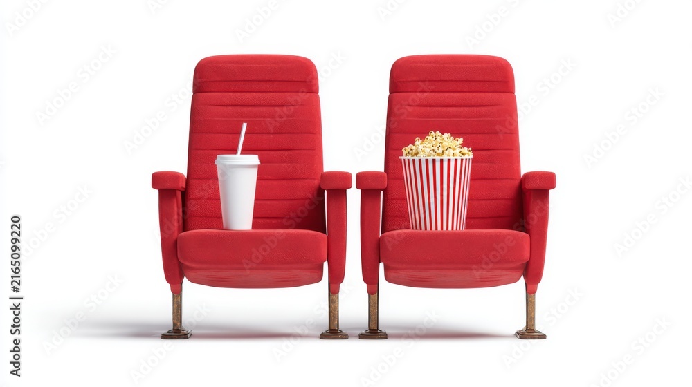 Obraz premium Two modern red theater seats with striped popcorn bucket and fizzy drink in disposable cup, clean white background entertainment concept