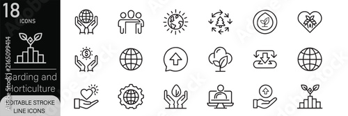 Gardening and Horticulture icons set. Includes icons for plants, gardening, tools, flowers, cultivation, and landscaping. Editable stroke. Line icons. Perfect for apps and infographics.
