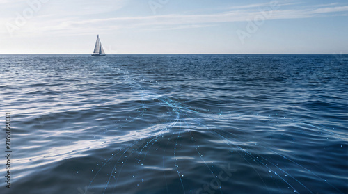 Futuristic digital navigation route glowing across the ocean toward a distant sailboat, symbolizing maritime technology, data flow, connectivity, smart navigation and innovation
