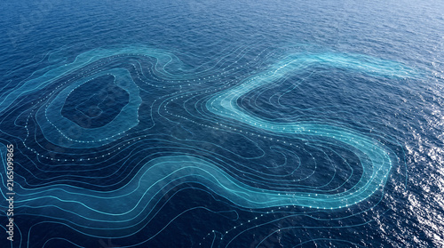Futuristic aerial ocean surface covered with glowing digital contour lines and data points, visualizing ocean currents, information flow, technology and connected data