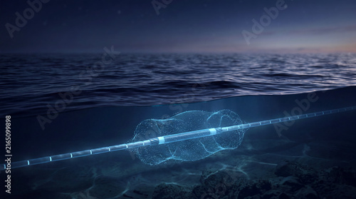 Protected subsea communication cable beneath a dark ocean surface with a glowing network particle field, symbolizing cybersecurity, secure global digital infrastructure and underwater data transmissio
