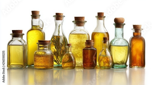 Assortment of olive oil bottles isolated on white background, ranging from traditional rustic corked glass to modern sleek designs, filled with rich golden oil