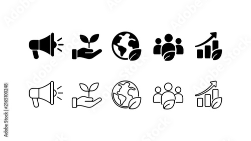 Sustainability and Environment Icon Set in Silhouette and Outline Vector Style