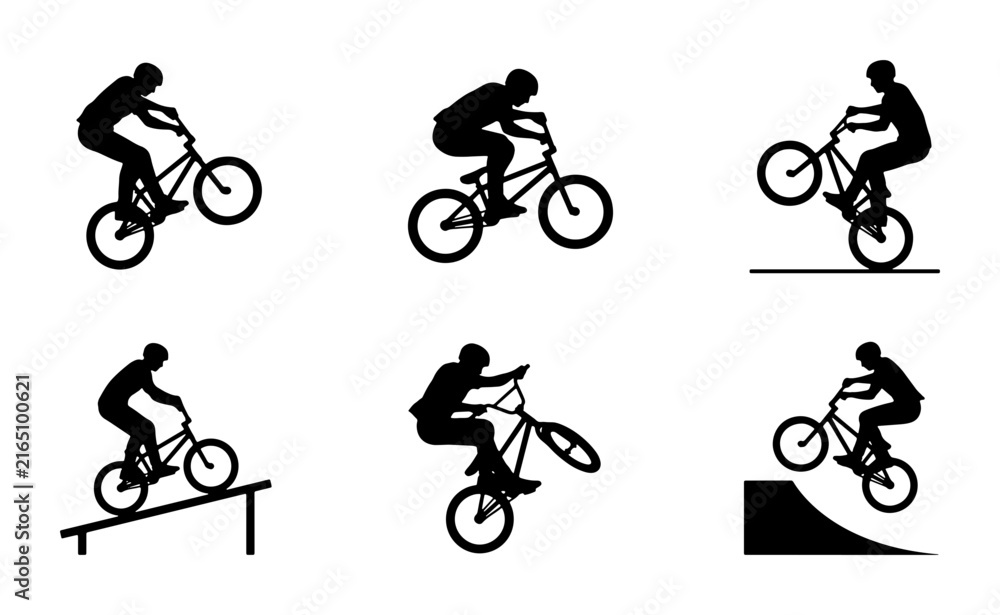 Naklejka premium BMX Bicycle Silhouettes, Extreme Sports Action, Dynamic Rider Poses, Vector Set