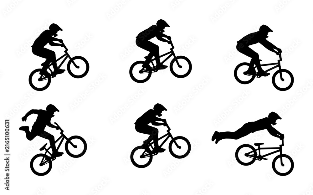 Fototapeta premium BMX Bike Rider Silhouettes, Extreme Sports Action Poses, Dynamic Cycling Vector Set