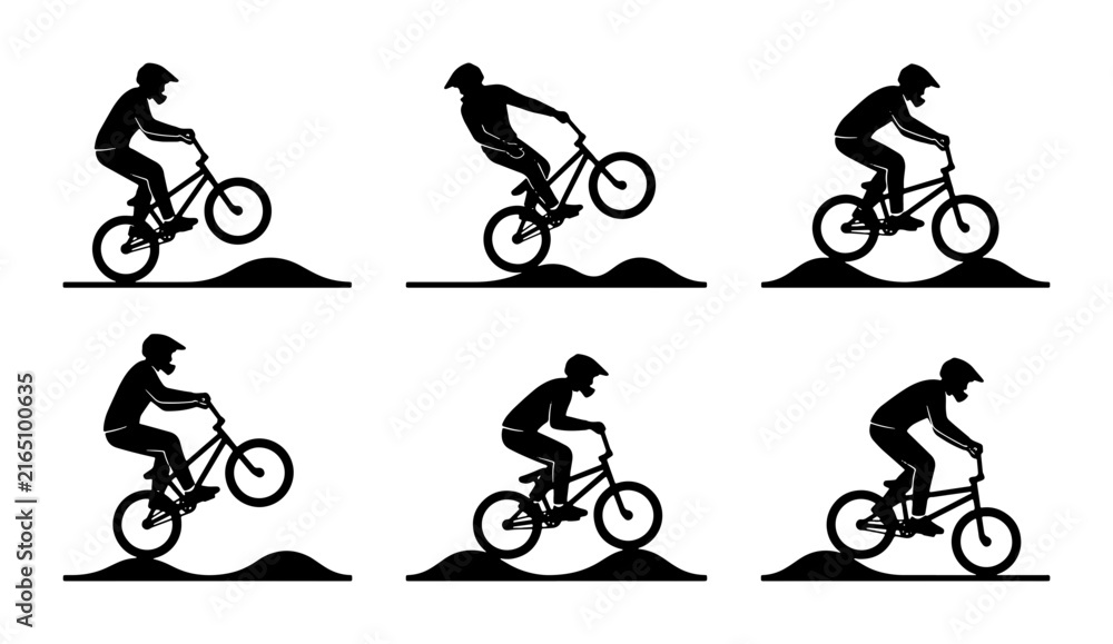 Fototapeta premium BMX Bicycle Rider Silhouettes, Extreme Sports Action, Dynamic Cycling Stunts, Vector Graphic Set