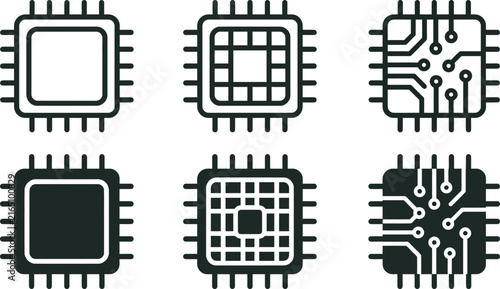 Microchip circuit board silhouettes with integrated circuit designs black silhouette