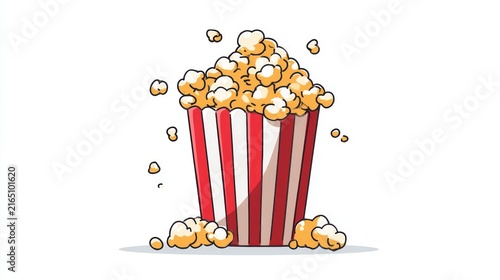 Popcorn emoji vector design, playful cartoon-style snack illustration with overflowing striped red and white popcorn bucket, cinema-inspired food icon clipart
