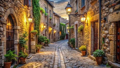 Charming Cobblestone Street at Dusk in Historic Village Setting
