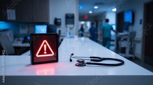 Glowing warning sign on hospital reception desk