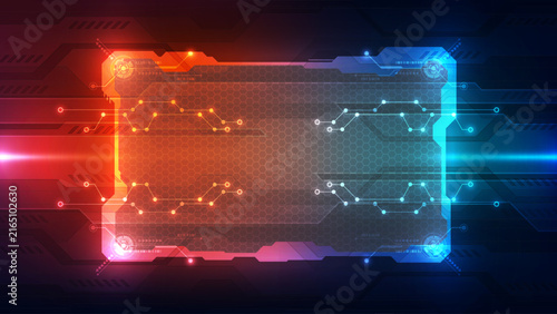 Futuristic Sci-Fi HUD Screen Frame: Dual Orange and Blue Circuit Display Border on Dark Technology Background