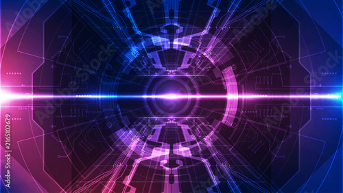 Futuristic Central Circular HUD Interface: Glowing Purple and Blue Cyber Core Circuit Background