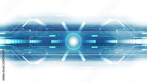 Futuristic Clean Blue Tech Banner: Central Glowing HUD Core on White Circuit Background