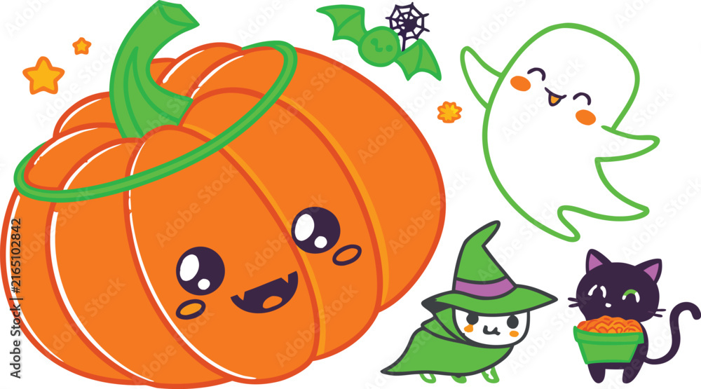 Naklejka premium Cute halloween collection featuring a smiling orange pumpkin, a white ghost, a green witch cat, and a small bat with a web on a white background