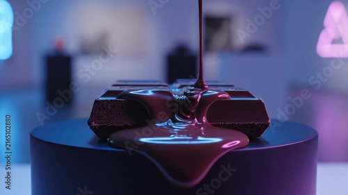 Liquid dark chocolate pouring over solid chocolate bar.