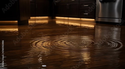 Water Pooling on Wooden Floor in Modern Kitchen with Reflections and Soft Lighting