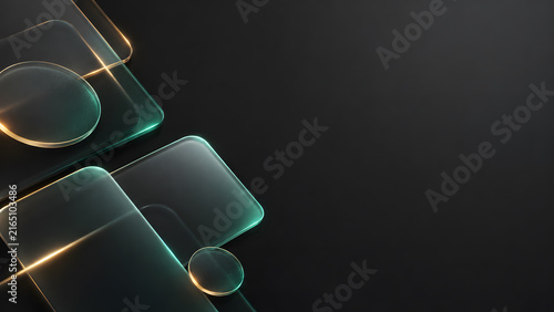 Abstract Glassmorphism 3D Background with Glowing Cyan and Gold Edges on Dark Surface