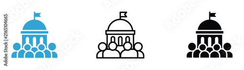 Canvas Print Government building icon with people set for democracy, public administration, parliament assembly, civic engagement, and politics, featuring a domed capitol building with a flag above a crowd