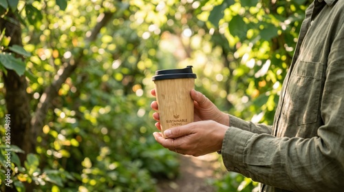 Person holding a reusable wooden texture coffee cup with black lid in a green forest, illustrating sustainable living, zero waste lifestyle, eco-friendly products