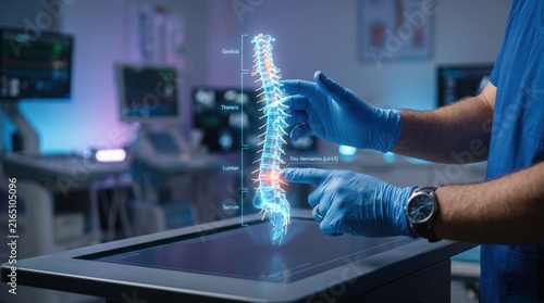 Doctor hands touching virtual reality holographic spine model for medical diagnosis, identifying disc herniation in lumbar region, futuristic healthcare technology