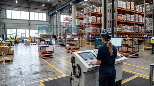 Female engineer operating automated warehouse logistics system with robotic carts, industrial automation control panel, smart factory inventory management, supply chain