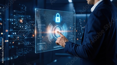 Futuristic biometric fingerprint authentication security system interface, businessman touching holographic screen with glowing padlock icon, advanced cyber protection technology