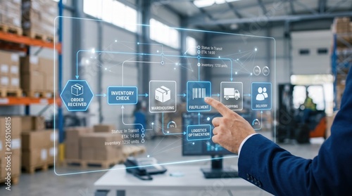 Interactive augmented reality supply chain management dashboard in warehouse, manager touching virtual logistics flowchart with order processing steps, inventory control