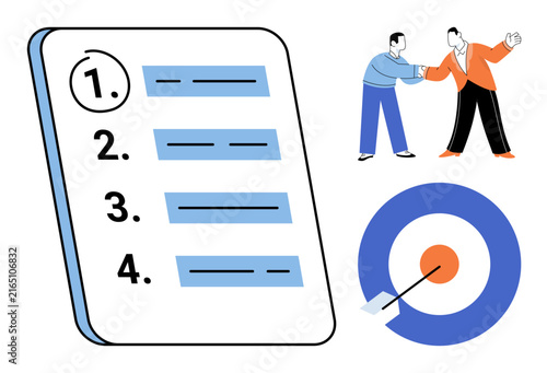 Bild auf Leinwand Checklist with numbered list, business partners shaking hands and target with arrow vector illustration