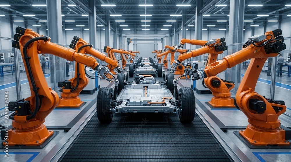 Naklejka premium Automated robot assembly line installing an EV car battery on an undercarriage platform.