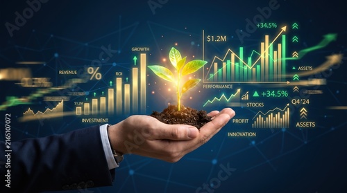 Businessman hand holding soil with glowing green sprout plant symbolizing sustainable investment growth, surrounded by holographic financial charts, rising graphs, ROI percentages