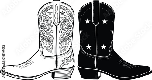 Black and white line art of ornate decorative cowboy boot and simple star pattern western footwear illustration