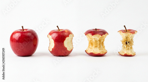 Red Apple Being Eaten in Stages from Whole to Core Sequence