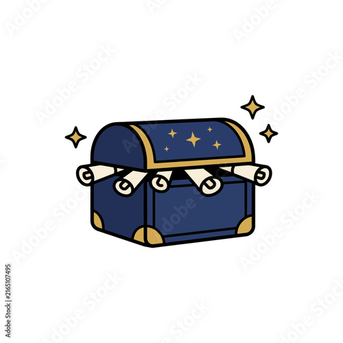 Blue magical treasure chest filled with ancient paper scrolls