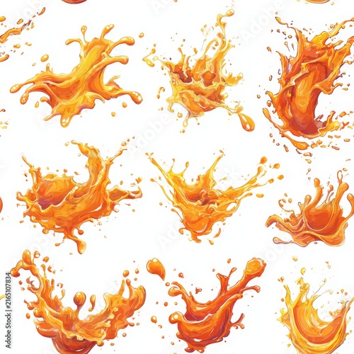 Cartoon vector set of drink splashes, orange and berry juice bursting in dynamic forms, liquid wave patterns with bright vivid gradients and juicy motion shapes
