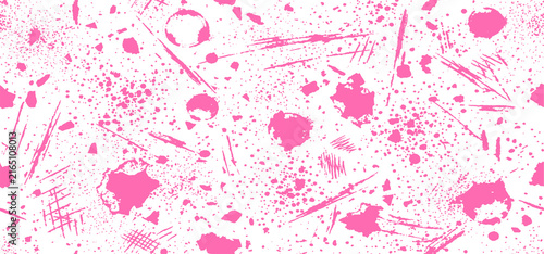 Seamless abstract pink ink splatters texture with grunge brush strokes on white background