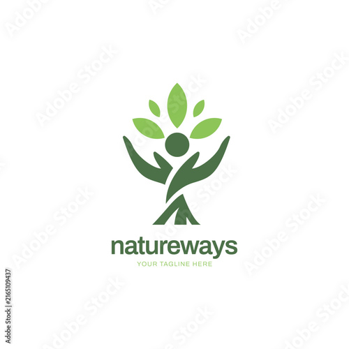 Simple Green Natural Branches Hand With Leaves Organic Logo Design Template