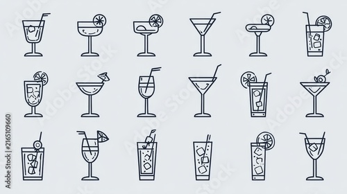 Simple and elegant line icons of cocktail drinks, minimalist design with ice cubes and garnishes, clean vector illustrations for party and beverage themes