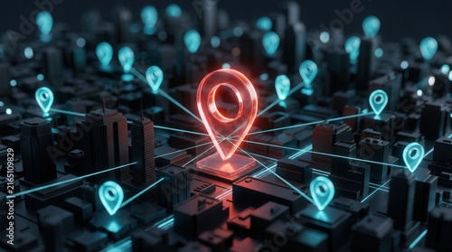 Geofencing technology concept with a dark miniature city and glowing location pin icons.