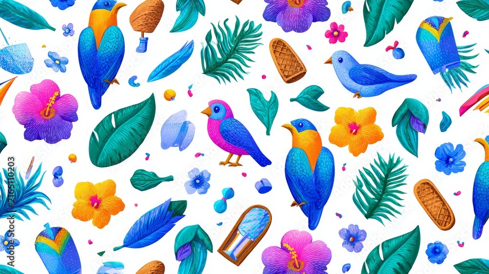 Obraz premium Summer holiday pattern with vibrant birds, exotic flowers, beach icons, and banana leaves, arranged in continuous vector artwork with carefree vacation vibes