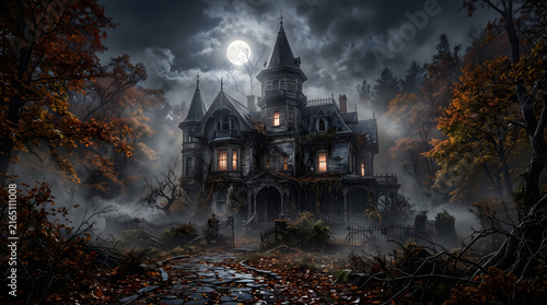 Spooky Haunted Mansion in Foggy Autumn Forest at Night with Full Moon Glow and Eerie Glowing Windows Victorian Gothic Architecture for Halloween Horror Concept Art Background Illustration Master