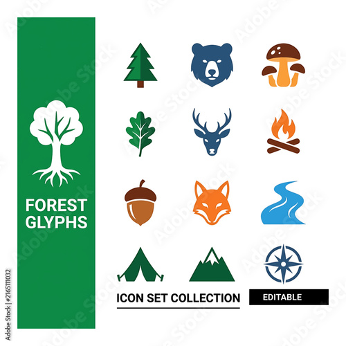 Nature glyph icon set featuring wildlife trees and outdoor adventure symbols on black background