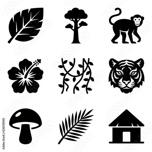 Set of black and white wild nature icons and jungle symbols on dark background