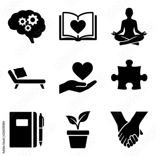 Minimalist white icons grid set on black background showing symbols