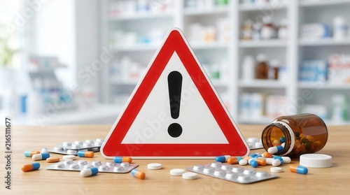 Prescription drug safety risks and overdose awareness with a medication caution sign.