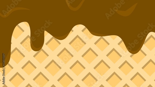 Wafer texture with creamy chocolate icing drips. Chocolate ice cream waffle texture background. Flowing sweet drips over crunchy waffle biscuit surface. Chocolate melted on a waffle background