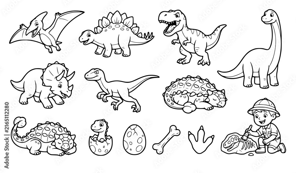 Fototapeta premium Prehistoric Dinosaur Coloring Page Cute Black White Line Vector Collection