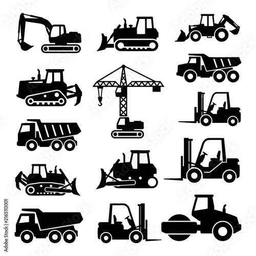 Set of minimalist white construction machine icons featuring heavy industrial vehicles