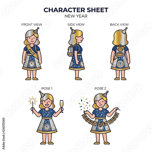 Character sheet of a young girl in celebration outfit with clock motif