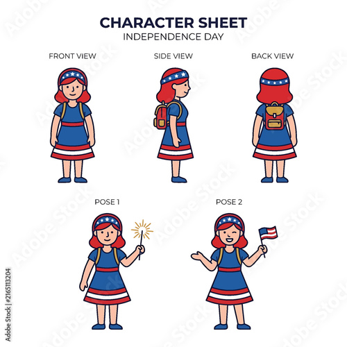 patriot girl character sheet in multiple poses and views for national holiday